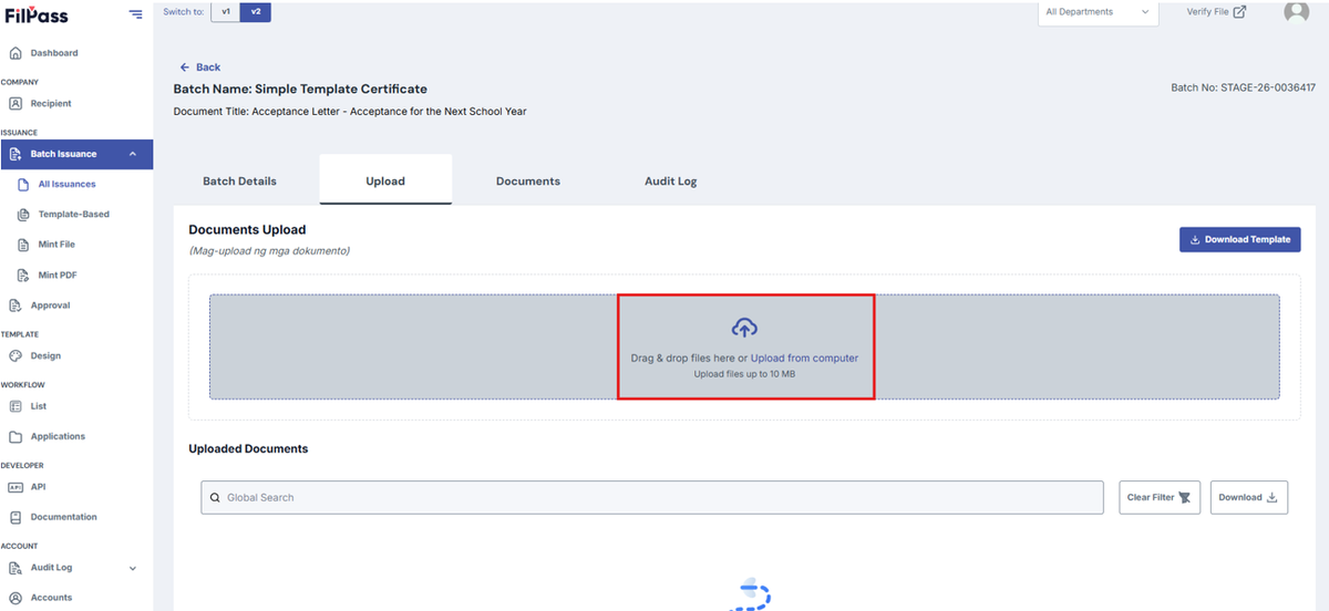 Image of Upload page with "Drag & drop files here or Upload from computer" section highlighted in a red box