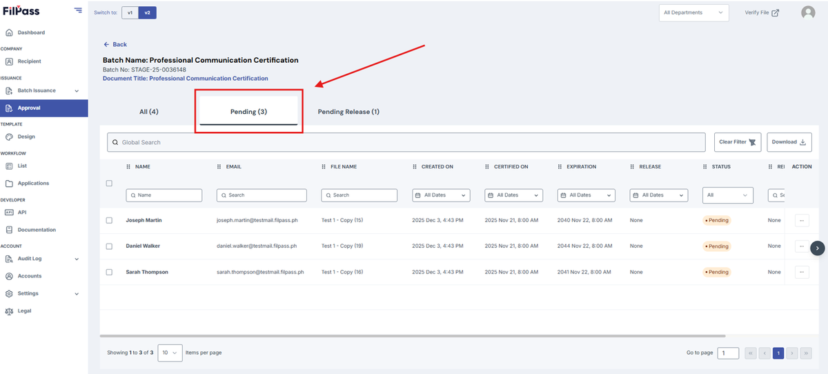 Image of Approval page with Pending tab highlighted by a red box