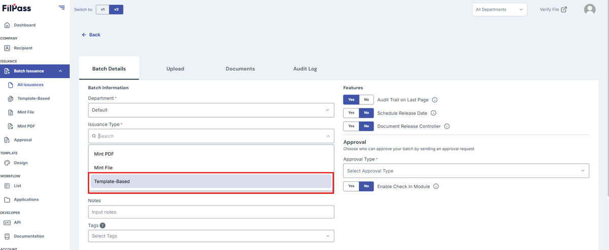 Image of Create batch page with the Issuance Type dropdown field open that has Template Based option highlighted