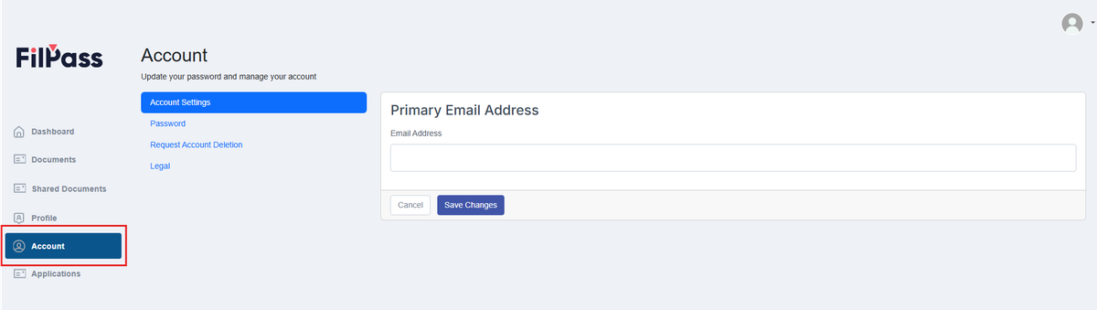 Image of the Account page with the Account button highlighted in a red box