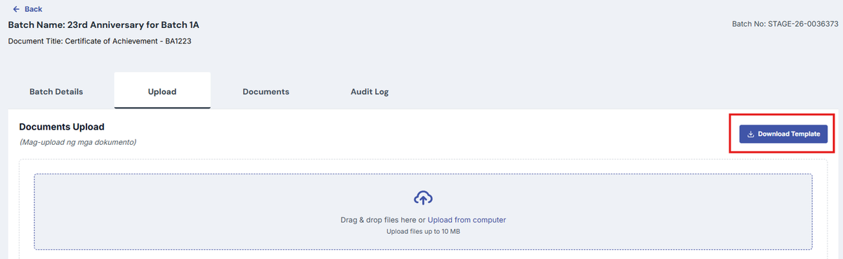 Image of the Upload page with the "Download Template" button highlighted in a red box