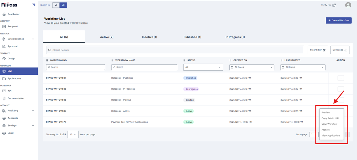 Image of the Workflow page with the Action button options highlighted in a red box