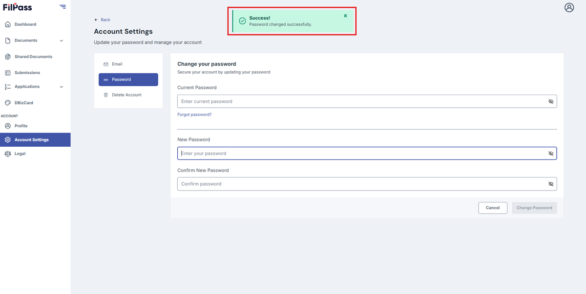 Image of Accounts page with the Success Message pop up "Password has been successfully updated." highlighted in a red box
