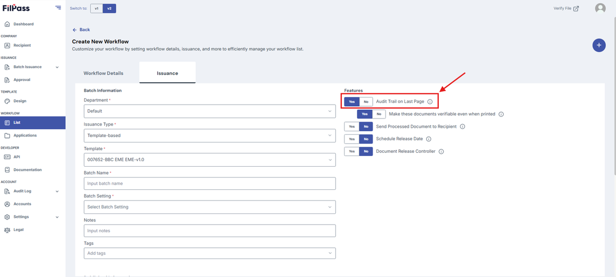 Image of the Issuance page with the Audit Trail on Last page feature toggle highlighted in a red box