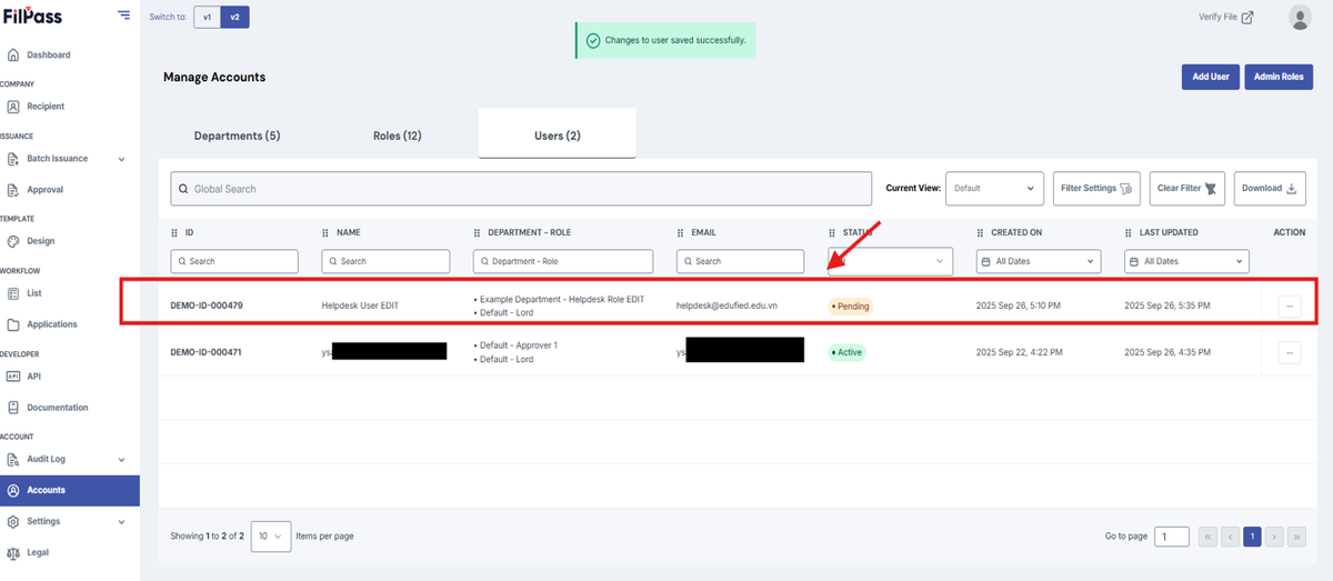 Image of the User table with the edited user highlighted
