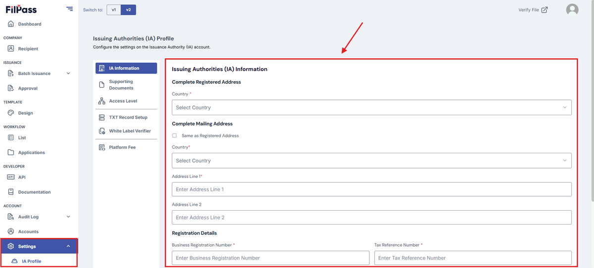 Image of the IA Information page with the highlighted form