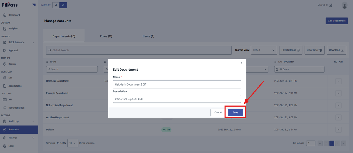 Image of the Edit pop-up modal with the Save button being highlighted.