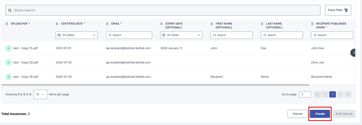 Image of Upload page with the Create button highlighted in a red box