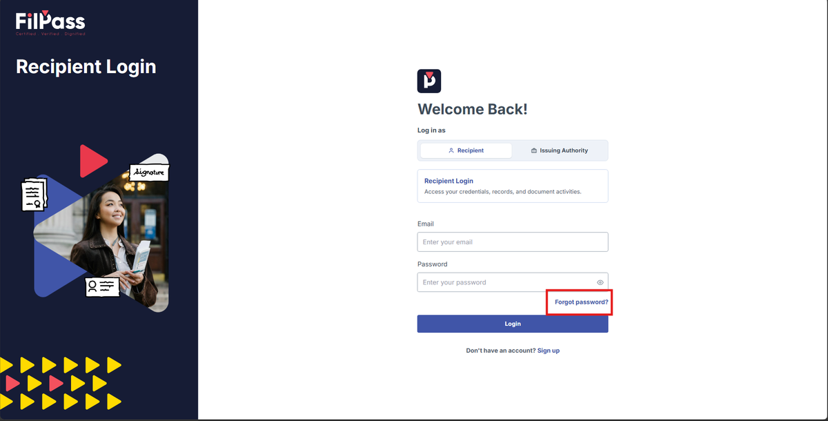 Image of the Login page with the Forgot Password highlighted in a red box