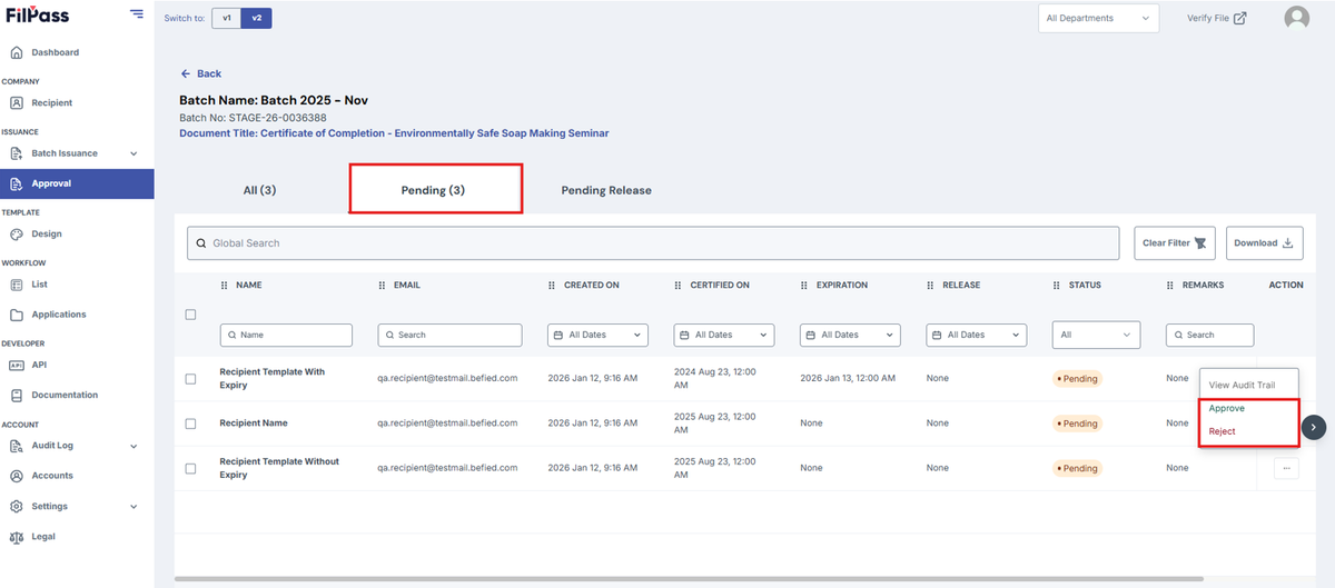 Image of Approval Page with Pending Tab and Approve and Reject Buttons highlighted with a red box