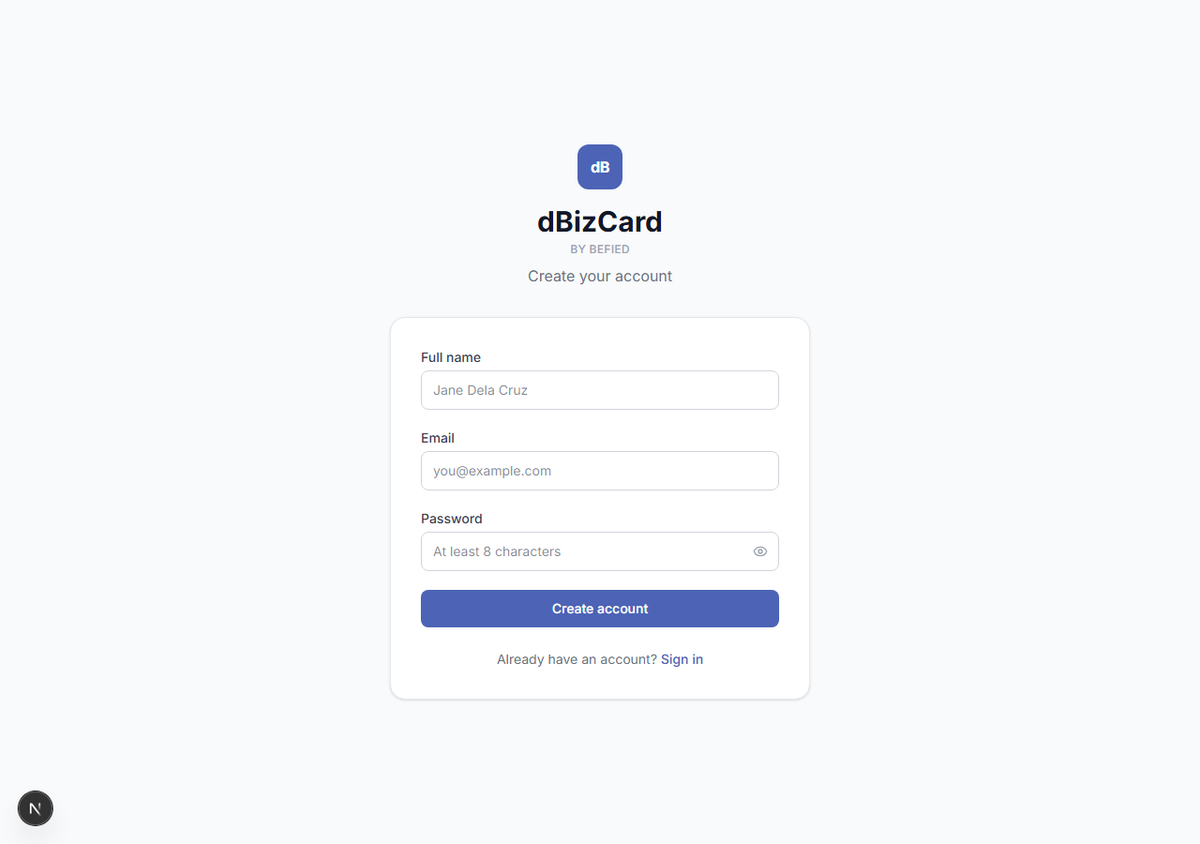 Registration form with name, email, password fields