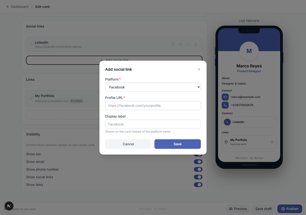 Add link dialog with title, URL, tags