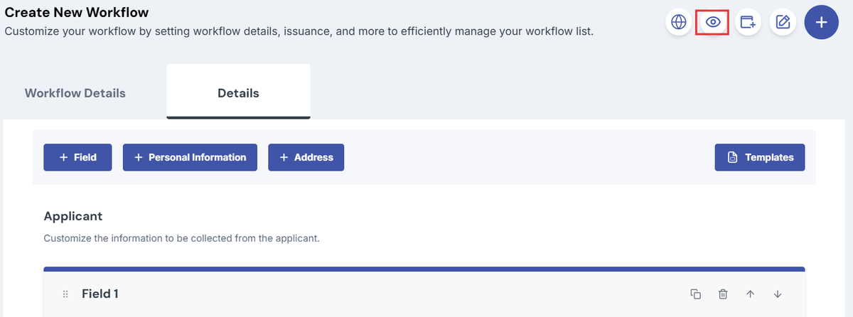 Image of the create workflow page with the preview button highlighted with a red box