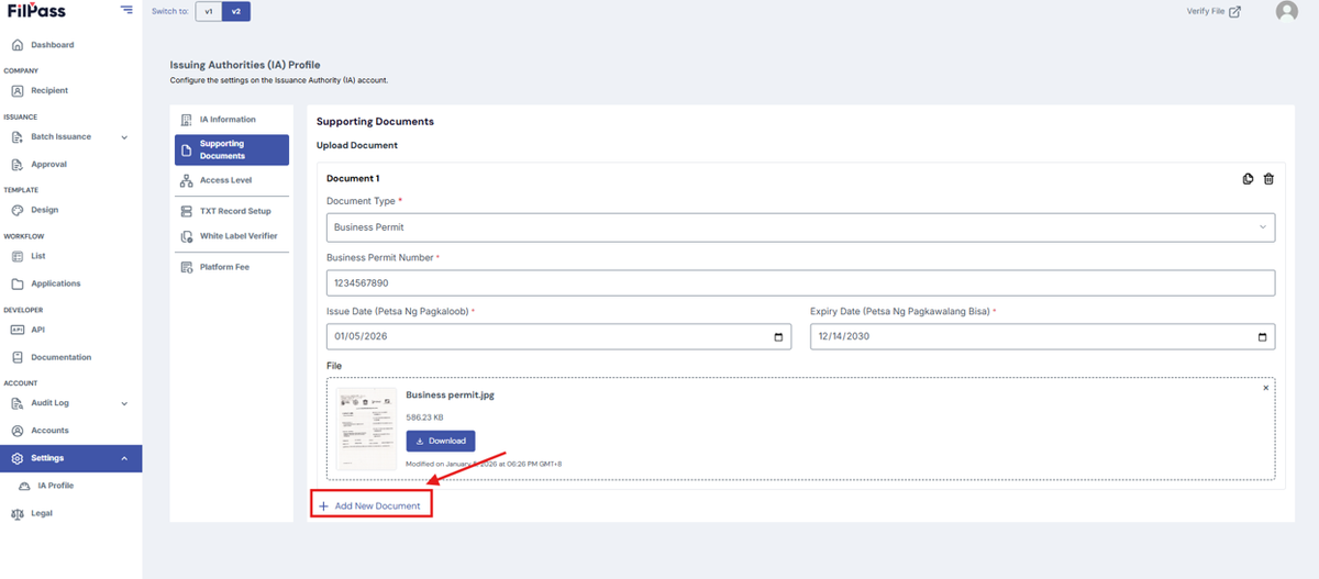 Image with a highlighted box pointing to Add Another Document button.