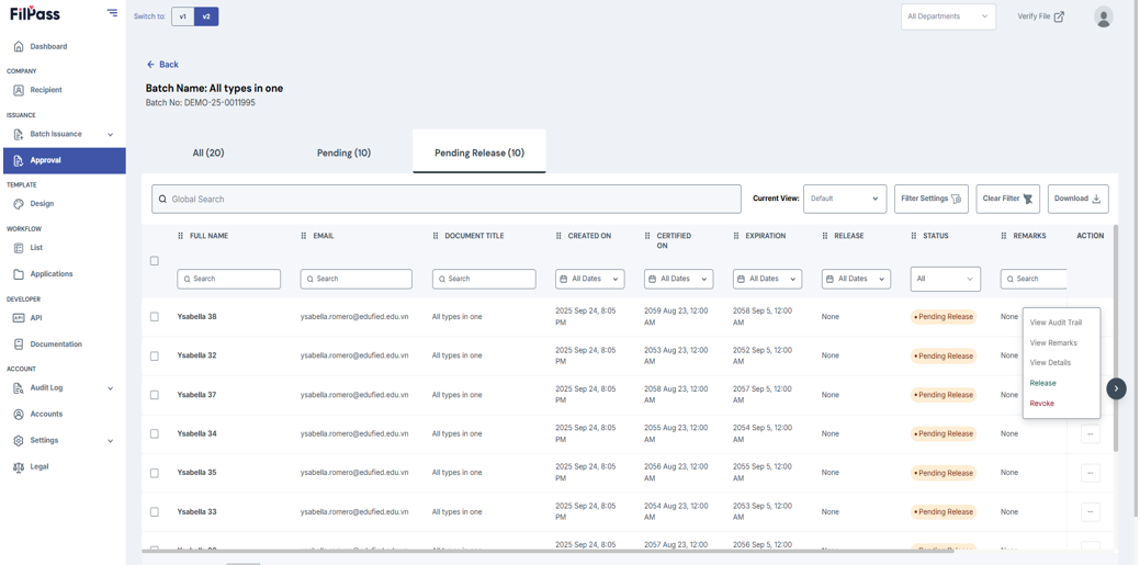 Image of Approval page in Pending Release tab with the Action button options open