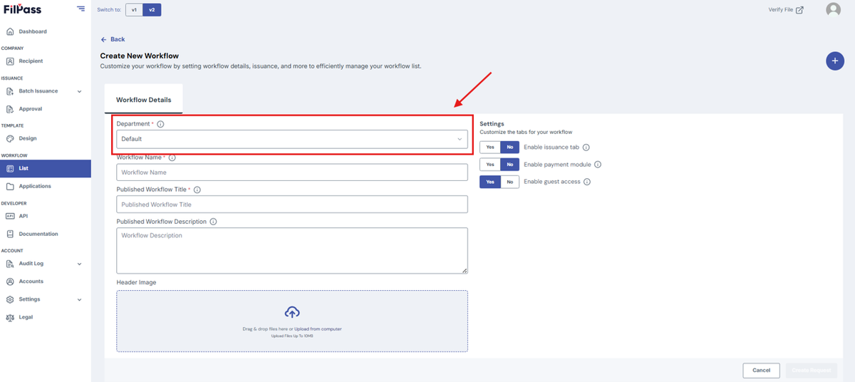 Image of Create Workflow page with the Department field highlighted