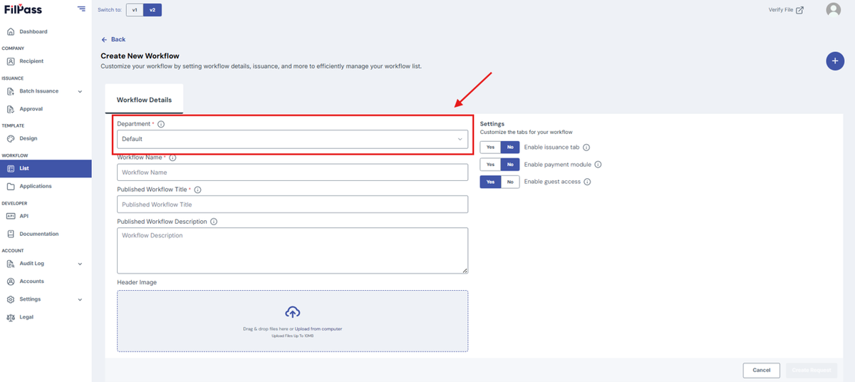 Image of Create Workflow page with the Department field highlighted