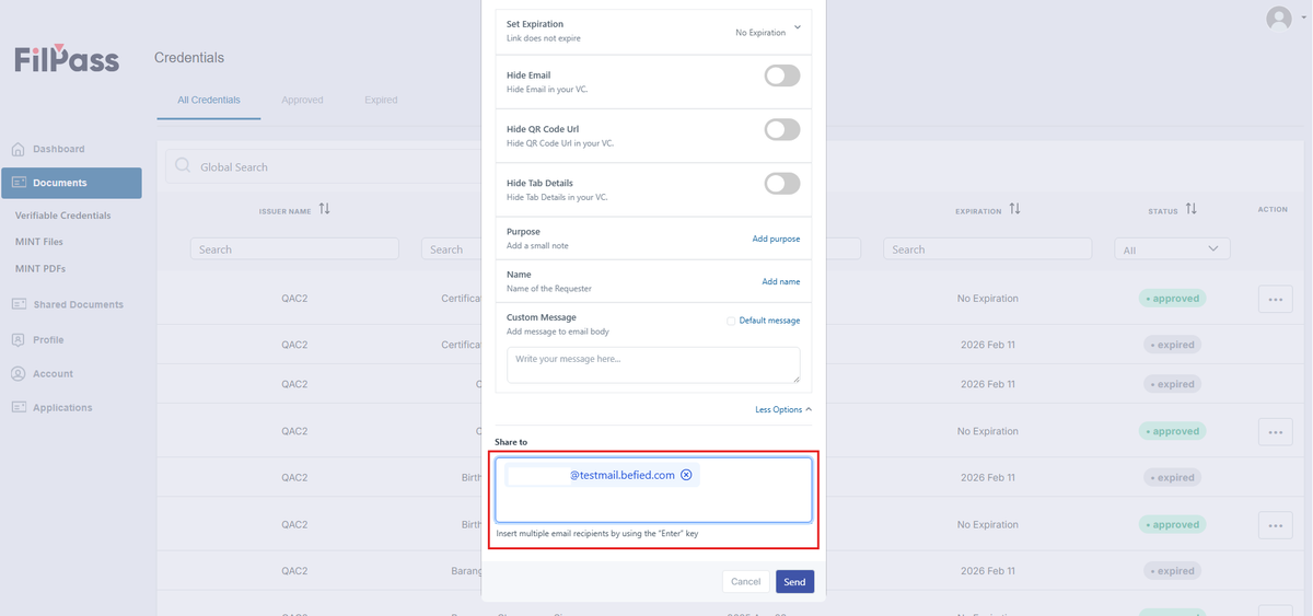 Image of the Share Modal in Email tab with the Share to field highlighted in a red box
