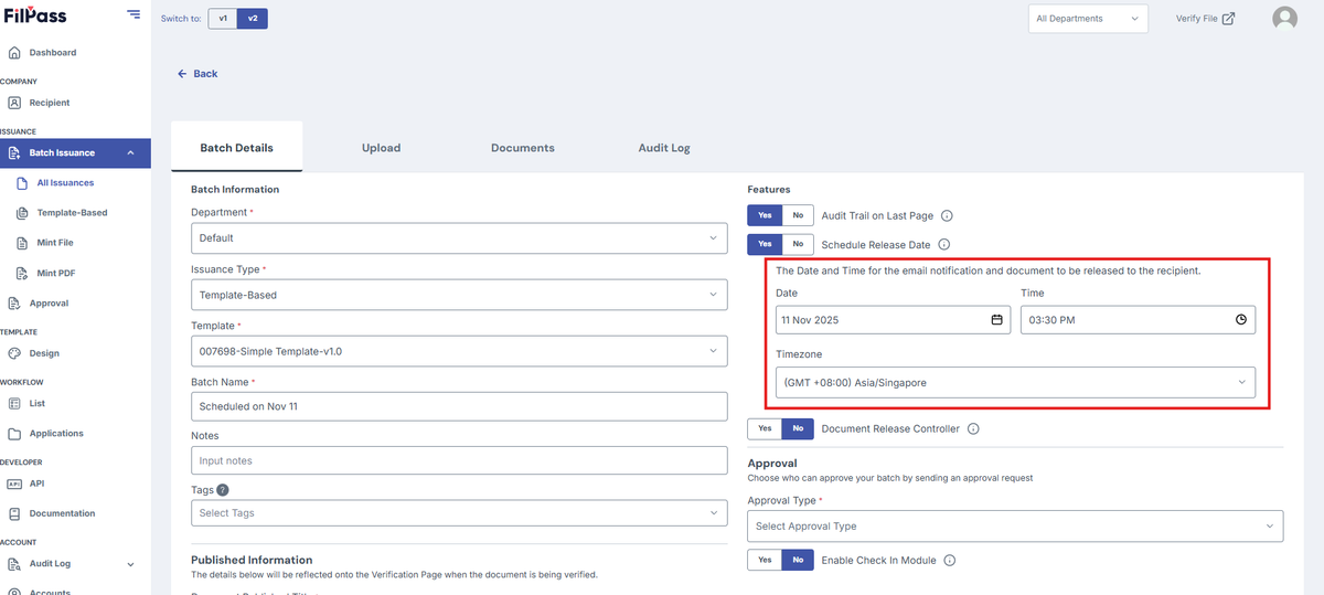 Image of Create Batch page with the Scheduled Release Date Section highlighted in a red box. 