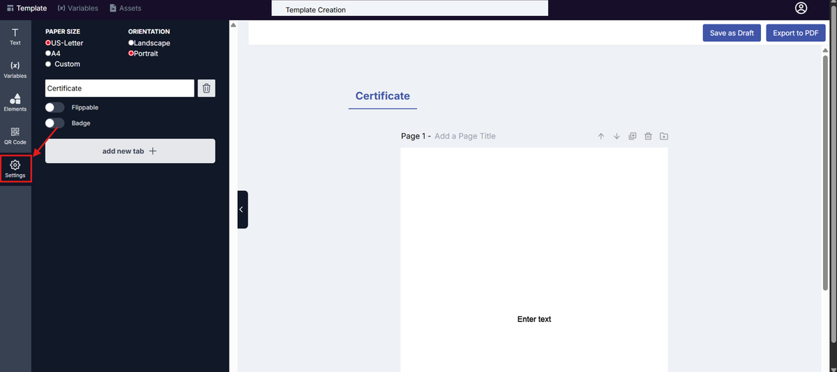 Image of the Template Design page with the Settings button highlighted in a red box