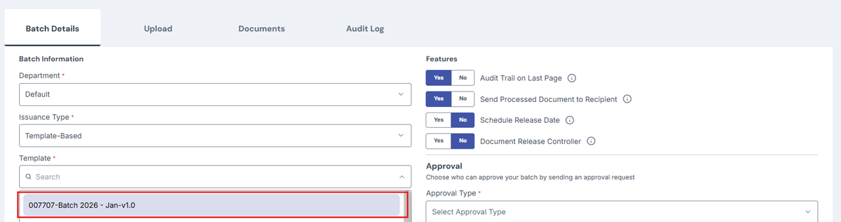 Image of Create Batch page with the Template dropdown option highlighted in a red box