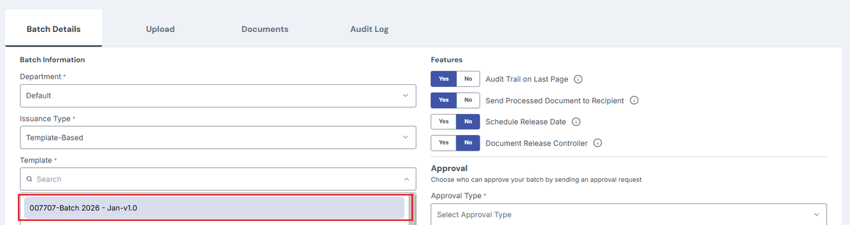 Image of Create Batch page with the Template dropdown option highlighted in a red box