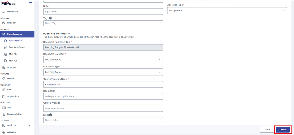 Image of Create Batch page with the Create button highlighted in a red box