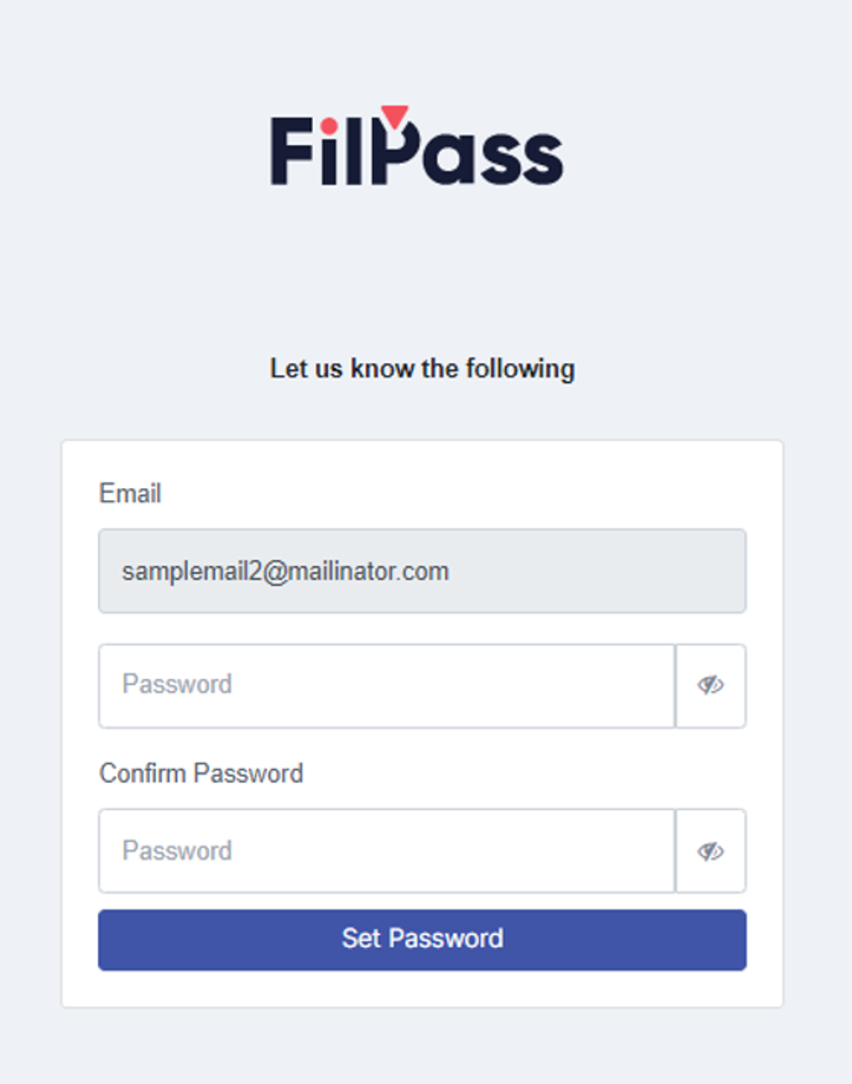 Image with Email, Password and Confirm password fields with a Set password button