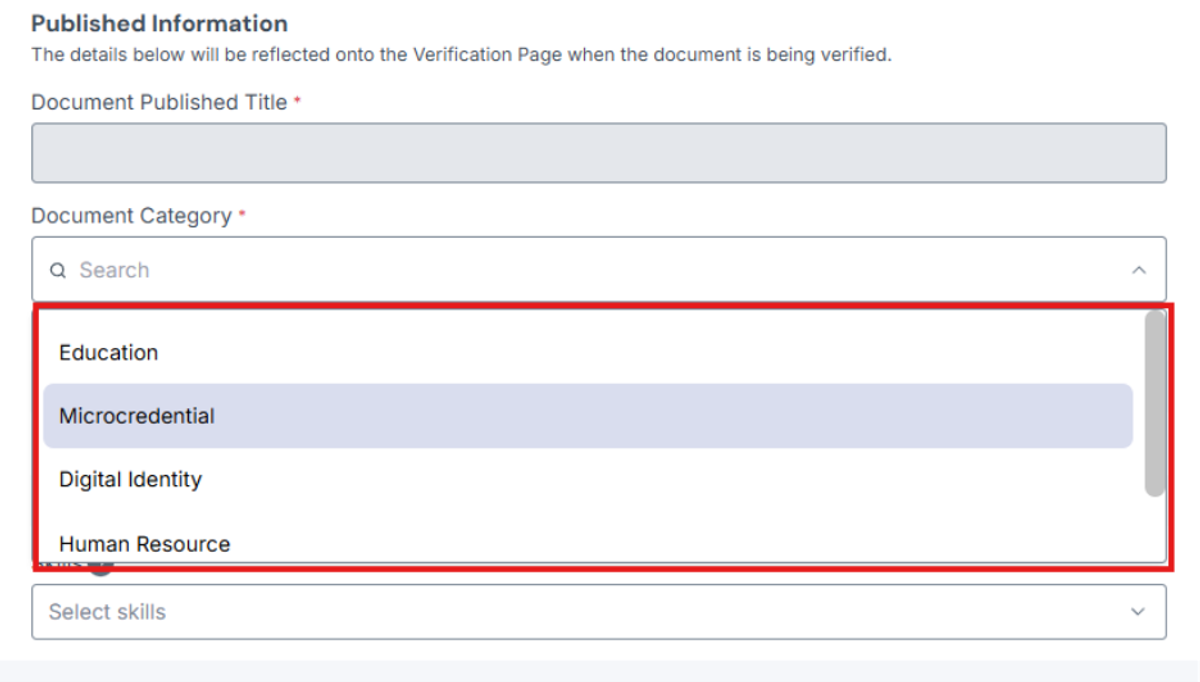 Image of Document Category Dropdown with all the choices highlighted by a red box