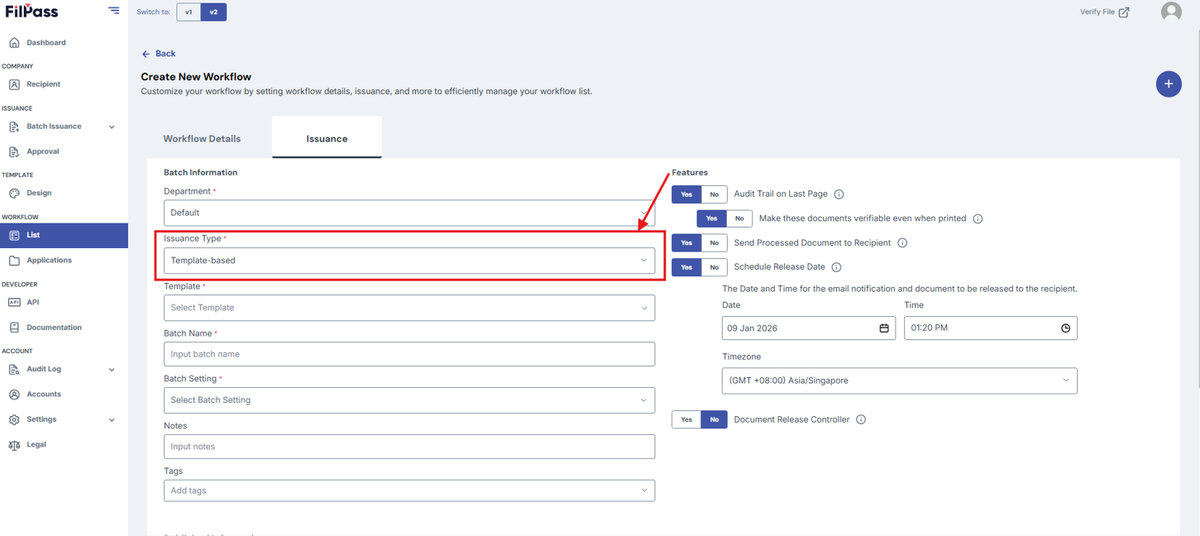 Image of the Issuance page with the Issuance Type field highlighted in a red box
