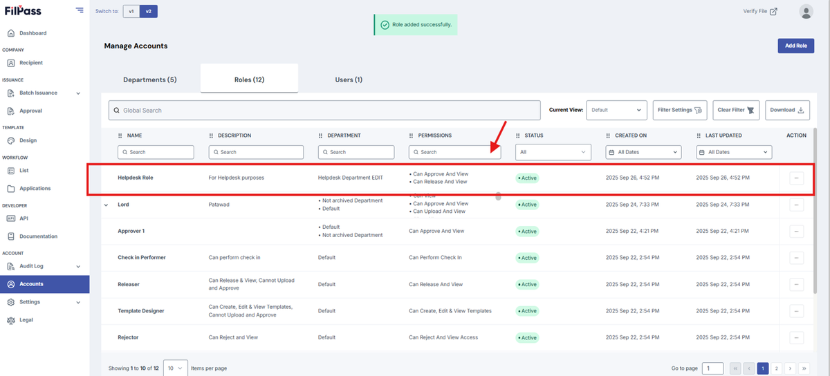 Image of the Role table with the newly created role highlighted