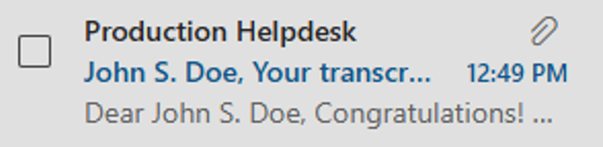 Outlook inbox showing an email from Production Helpdesk
