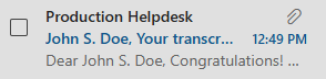 Outlook inbox showing an email from Production Helpdesk