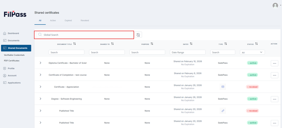 Image of the Shared Documents page with the Global Search field highlighted in a red box