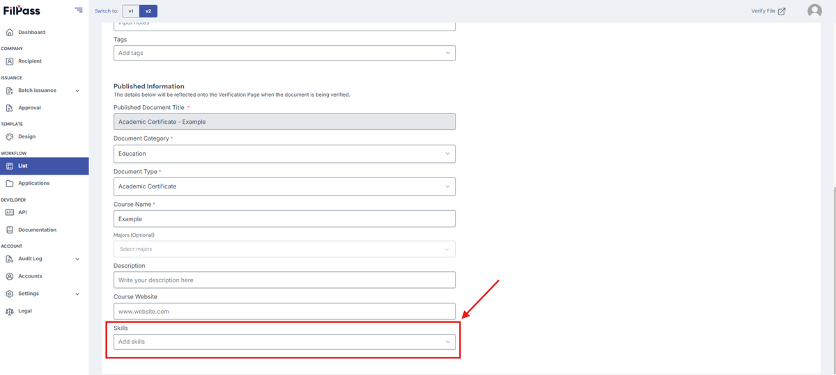 Image of the Issuance page with the Skills field highlighted in a red box