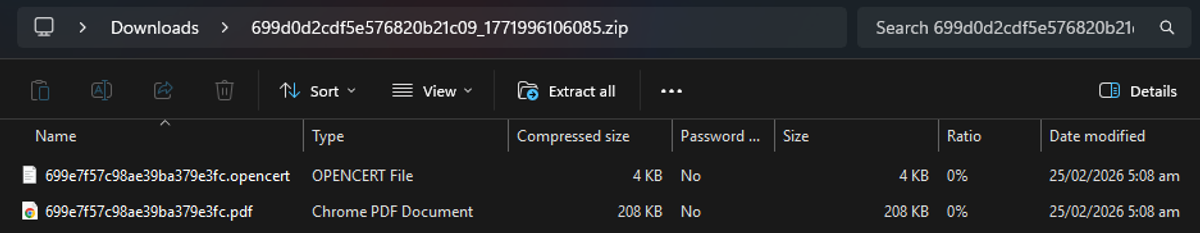 Opened ZIP folder in Downloads showing two files: one OpenCert (.opencert) file and one PDF document.