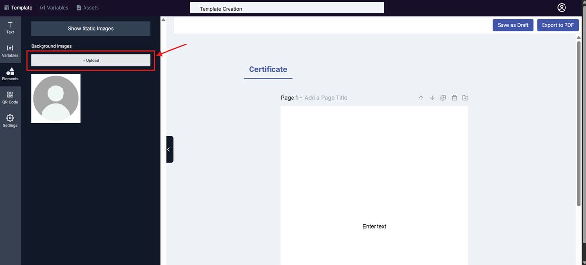 Image of the Template Design page with the Upload button highlighted in a red box
