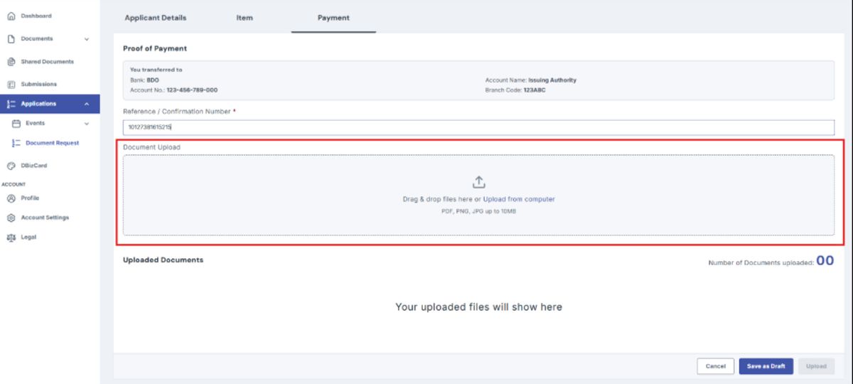 Attach the transaction receipt. Accepted formats: PDF, PNG, or JPG, up to 10 MB. 