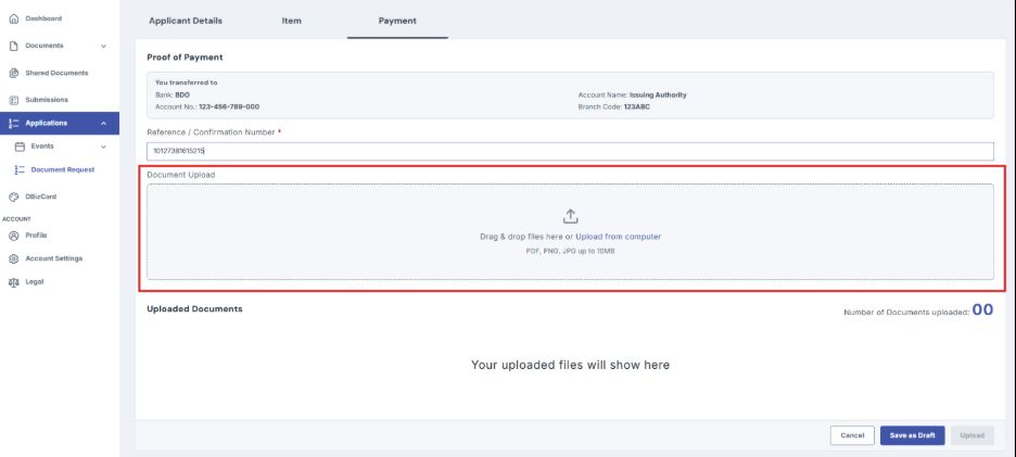 Attach the transaction receipt. Accepted formats: PDF, PNG, or JPG, up to 10 MB.