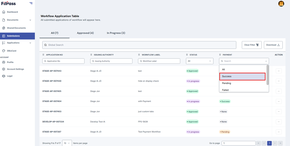 Image of Applications page with the Payment Status filter and its options highlighted in a red box