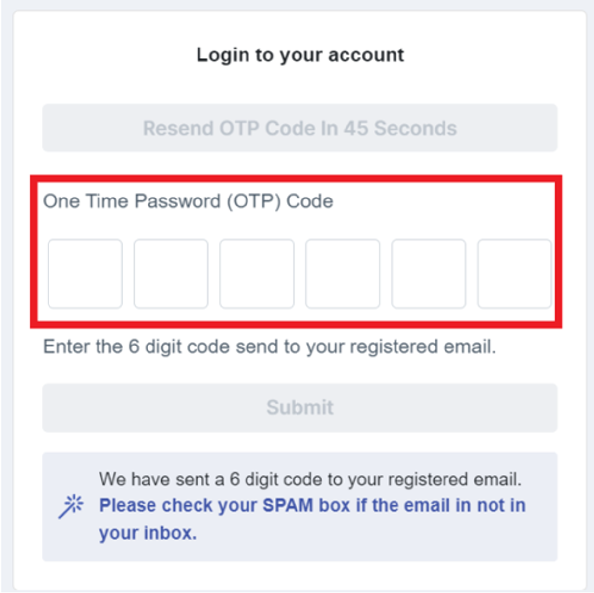 Image of OTP page with the OTP section highlighted in a red box