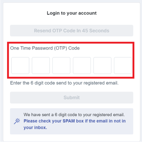Image of OTP page with the OTP section highlighted in a red box