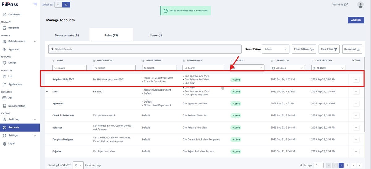 Image of the Role table with the unarchived role highlighted