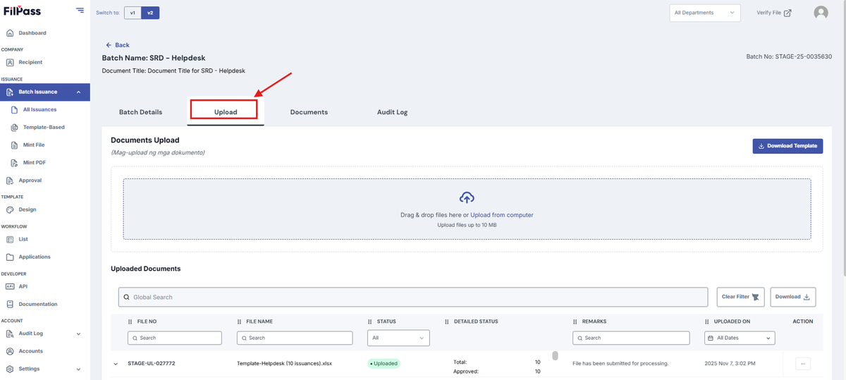 Image of Upload page with the Upload tab highlighted by a red box