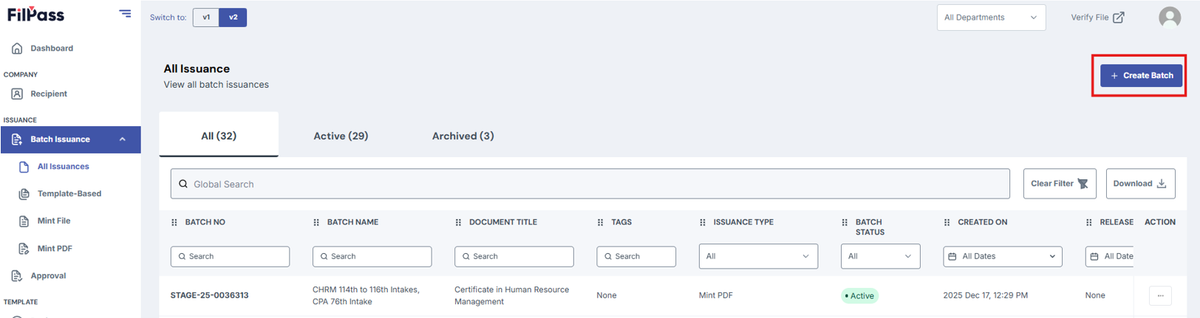 Image of Batch Issuance - All Issuances page with a red highlighted box on Create Batch button