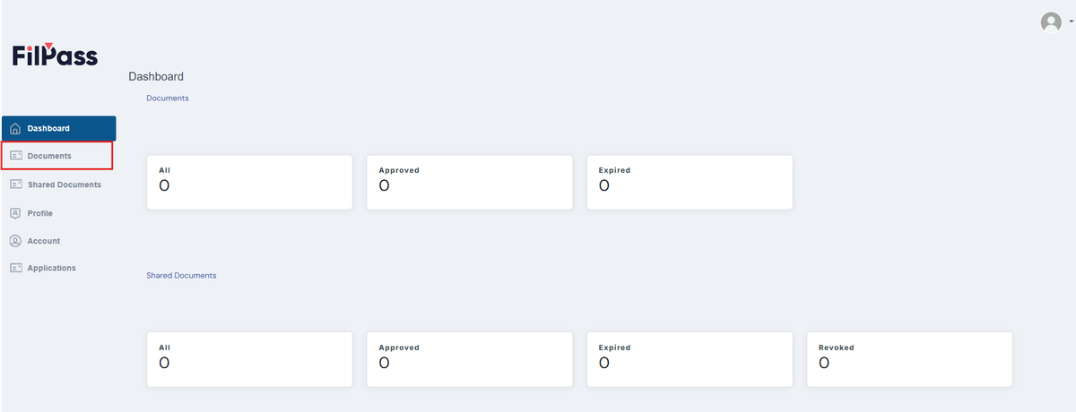 Image of the Dashboard with the Documents button highlighted in a red box