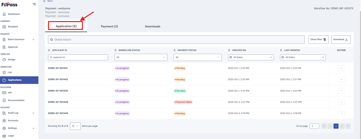 Image of Workflow Application page with the Application tab highlighted in a red box