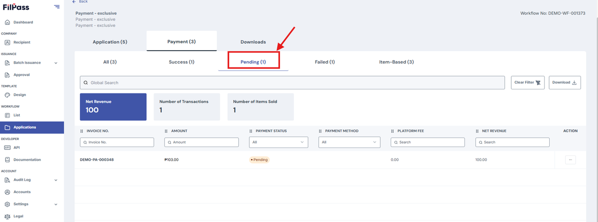Image of the Payment tab with the Pending tab filter highlighted in a red box