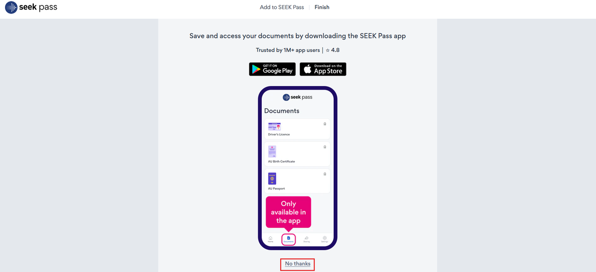 Image to Seekpass of the No thanks button highlighted