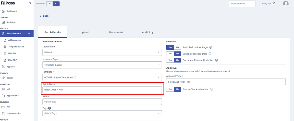 Image of Create Batch page with Batch Name field highlighted in red box